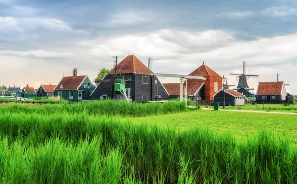 Hollanda 'nın geleneksel yel değirmenleri ve köyü.