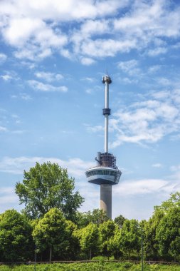 Rotterdam 'ın arkasındaki Dünya Ünlü Euromast Kulesi Hollanda' da Bahar Çiçeği Ağaçlarıyla birlikte. Dikey Kompozisyon