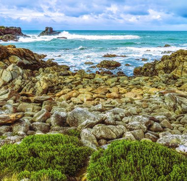 Southland, Catlins, Gemstone Sahili, Orepuki, Yeni Zelanda, Güney Pasifik Okyanusu 'nun rüzgarlı doğal kıyıları.