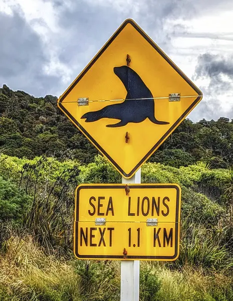 stock image Road signs at the dead-end street to the Nugget Point at Kaka Point, Otago, New Zealand, pointing out the different dangers and regulations of this area.