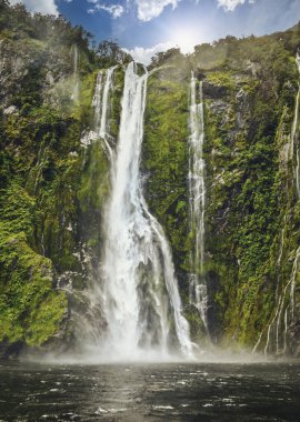 Milford Sound, NZ 'de bulut yakalayan dağdan güzel şelale.