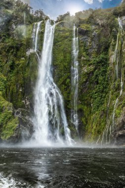 Milford Sound, NZ 'de bulut yakalayan dağdan güzel şelale.