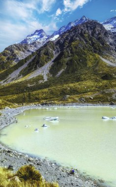 Mueller Lake seen from the Hooker Valley Track in Aoraki Mount Cook National Park, New Zealand clipart