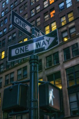 Manhattan, New York 'ta caddenin kenarında tek yön işareti var..