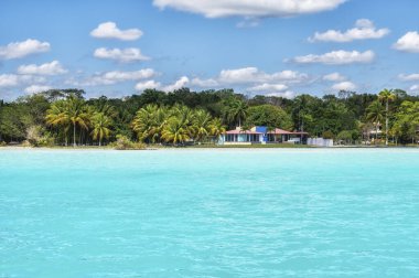 Laguna de Bacalar Lagoon Palapas Quintana roo 'da Maya Meksika' sında