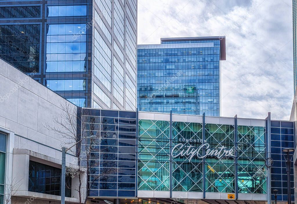 An Edmonton City Centre entrance sign. A complex of shops and services
