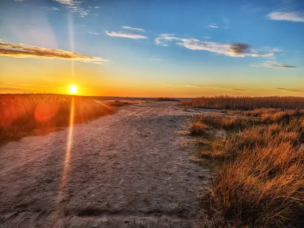 Schiermonnikoog Friesland, Hollanda 'da, Wadden Denizi' nin gün batımı manzarası.