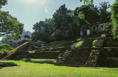 Kafatası Tapınağı 'nın antik kalıntıları Palenque, Meksika' daki yemyeşil ormanlarla çevrili. Palenque, 1987 yılında UNESCO tarafından dünya mirası ilan edildi..