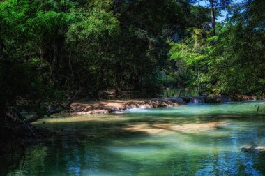 Meksika 'nın Palenque kenti yakınlarında yüzme havuzu olarak kullanılan Chiapas yağmur ormanlarındaki Agua Azul şelaleleri ve şelalelerinin turkuaz suları.