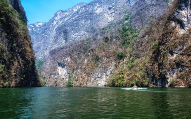 Motorlu tekne turistleri Meksika, Tuxtla Gutierrez yakınlarındaki Chiapas Canyons del Sumidero 'da gezintiye çıkarıyor.