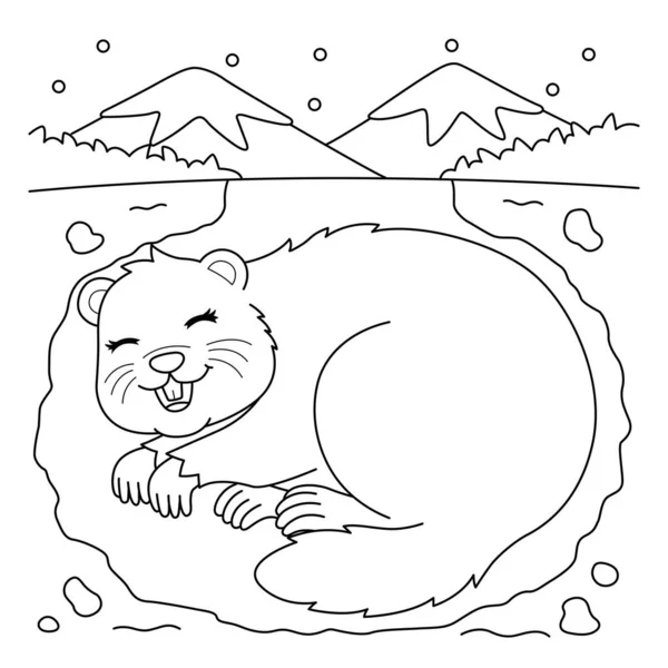 귀엽고 재미있는 페이지가 있어요 Groundhog Hibernating 아이들에게 색을칠 시간을 페이지는 — 스톡 벡터