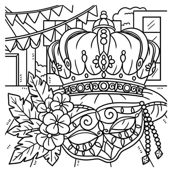 Uma Página Colorir Bonito Engraçado Mardi Gras Rei Coroa Máscara — Vetor de Stock