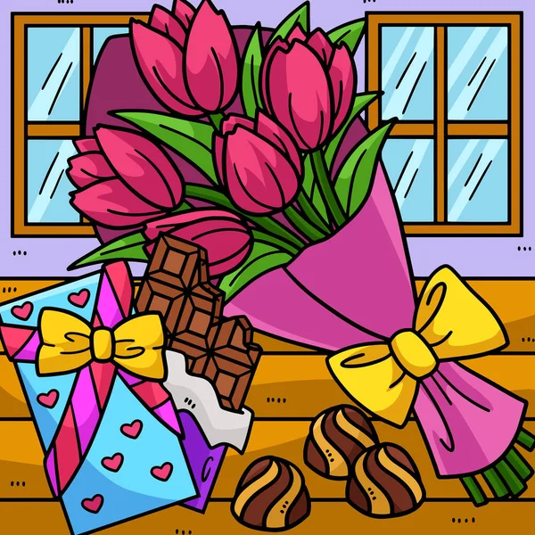 この漫画のクリップは 花やチョコレートのイラストの花束を示しています — ストックベクタ