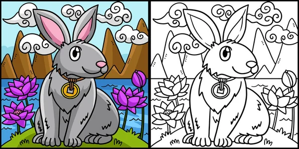 stock vector This coloring page shows a Rabbit in Lotus Garden. One side of this illustration is colored and serves as an inspiration for children.