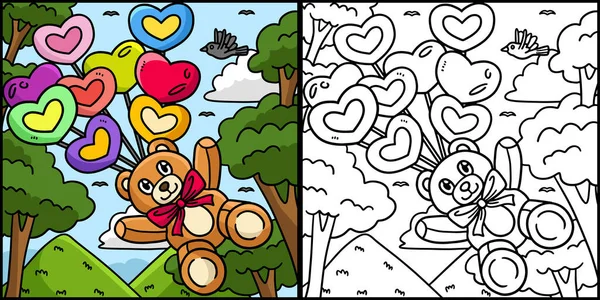Diese Malseite Zeigt Teddybär Herz Luftballons Eine Seite Dieser Illustration — Stockvektor