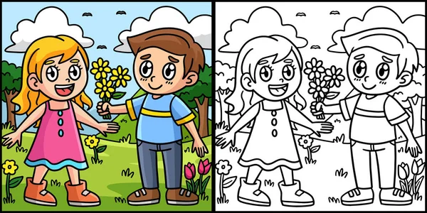Kolorowanka Pokazuje Chłopca Dając Kwiaty Dziewczyny Jedna Strona Tej Ilustracji — Wektor stockowy