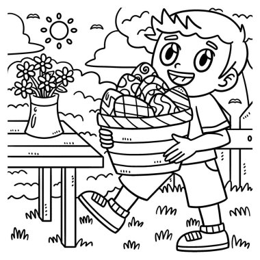 Paskalya yumurtası taşıyan bir çocuğun şirin ve komik renkli sayfası. Çocuklar için saatlerce boyama eğlencesi sağlıyor. Renk, bu sayfa çok kolay. Küçük çocuklar ve yeni yürümeye başlayanlar için uygun..