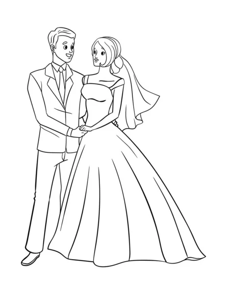 Cute Funny Coloring Page Wedding Groom Bride Provides Hours Coloring — Stock Vector