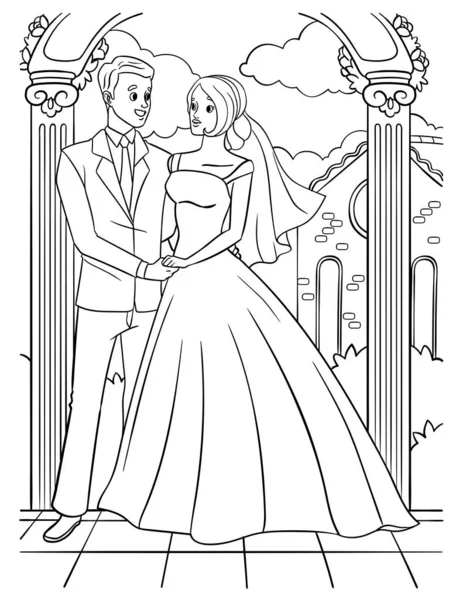 Uma Página Colorir Bonito Engraçado Casamento Noivo Noiva Fornece Horas —  Vetores de Stock