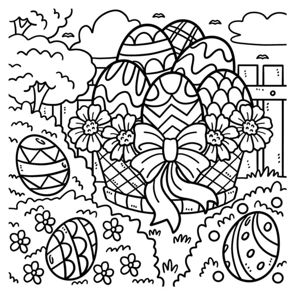 Симпатичная Смешная Страница Раскраски Пасхального Яйца Корзины Обеспечивает Детям Часы — стоковый вектор