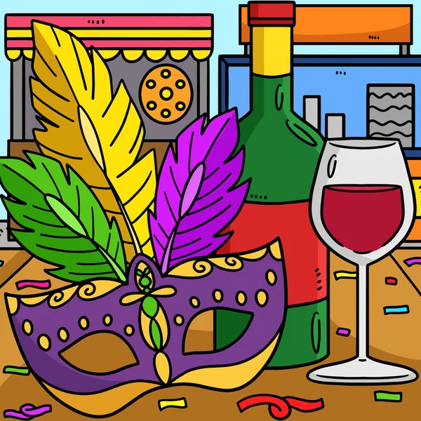 この漫画のクリップは マルディグラマスクとワインのイラストを示しています — ストックベクタ