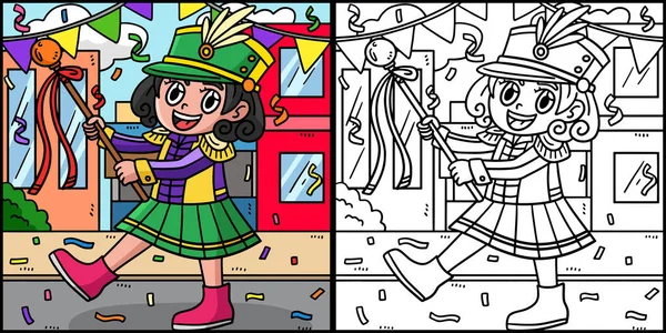 Stock vector This coloring page shows a Mardi Gras Majorette. One side of this illustration is colored and serves as an inspiration for children.