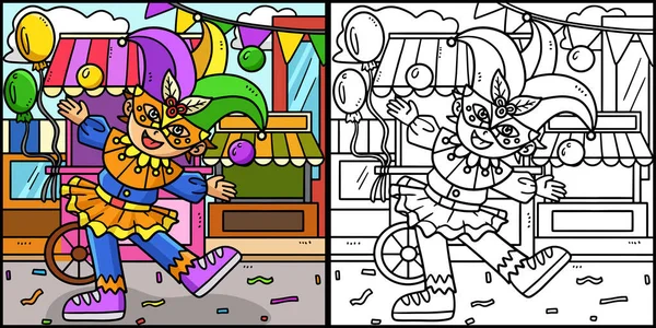 Esta Página Para Colorir Mostra Mardi Gras Jester Boy Lado — Vetor de Stock