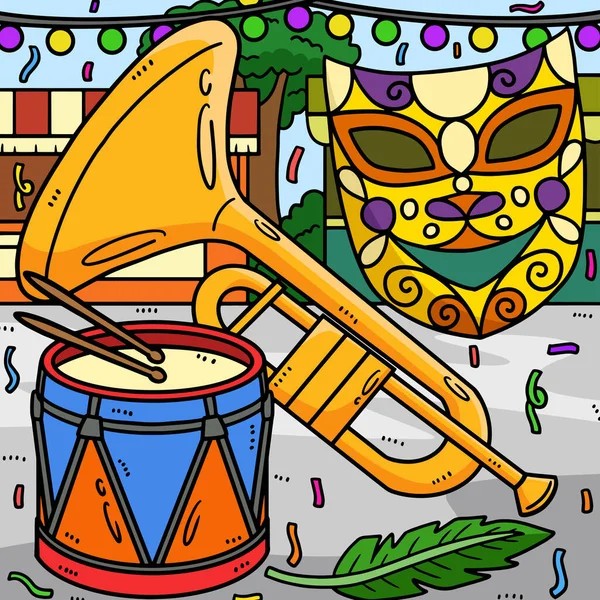 stock vector This cartoon clipart shows a Mardi Gras Trumpet, Drum, And Mask illustration.