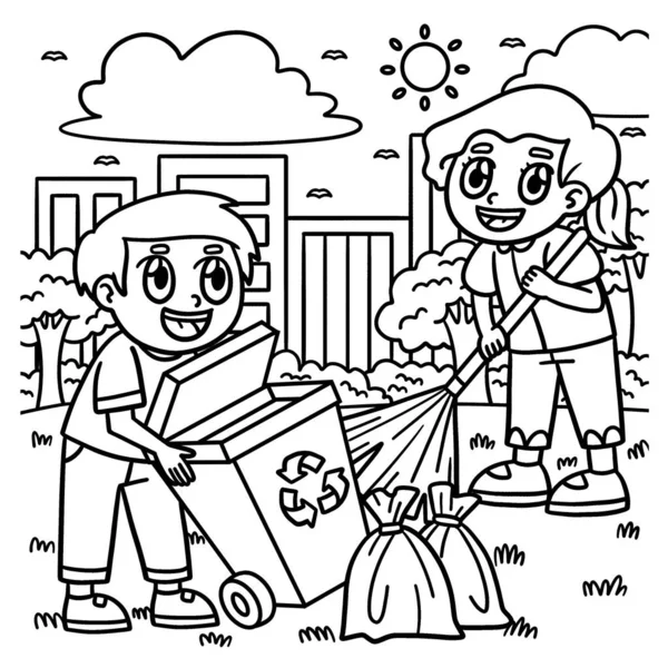Eine Süße Und Lustige Malseite Von Earth Day Children Cleaning — Stockvektor