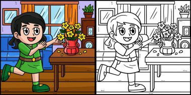 Bu renkli sayfa Aziz Patrick Günü Çiçek Düzenleyen Kız 'ı gösteriyor. Bu illüstrasyonun bir tarafı renkli ve çocuklar için bir ilham kaynağı..