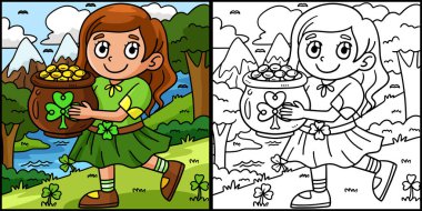 Bu boyama sayfasında Aziz Patrick Günü Kızı 'nın Altın Esrarı var. Bu illüstrasyonun bir tarafı renkli ve çocuklar için bir ilham kaynağı..