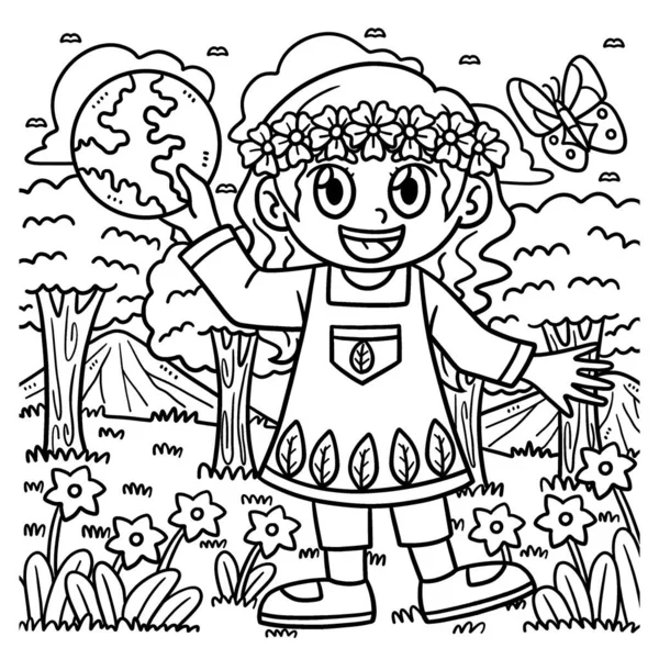 Cute Funny Coloring Page Earth Day Girl Holding Earth Cut — Stock Vector