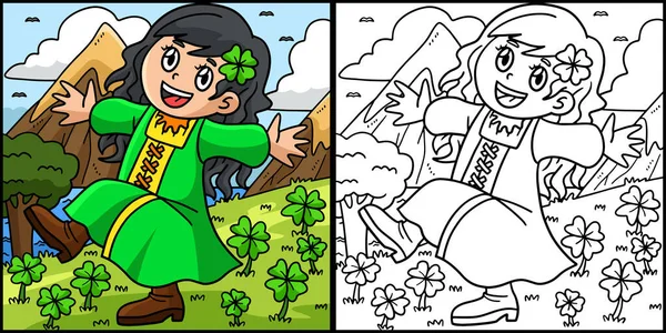 Coloring Page Shows Saint Patricks Day Girl Dancing One Side — Stock Vector