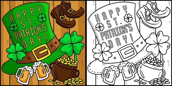 stock vector This coloring page shows a Happy Saint Patricks Day Leprechaun Hat. One side of this illustration is colored and serves as an inspiration for children.