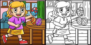 Bu renkli sayfa Paskalya Yumurtası Boyayan Kız 'ı gösteriyor. Bu illüstrasyonun bir tarafı renkli ve çocuklar için bir ilham kaynağı..