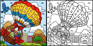 Bu renkli sayfa sıcak hava balonunda Paskalya Yumurtası Sepeti 'ni gösteriyor. Bu illüstrasyonun bir tarafı renkli ve çocuklar için bir ilham kaynağı..