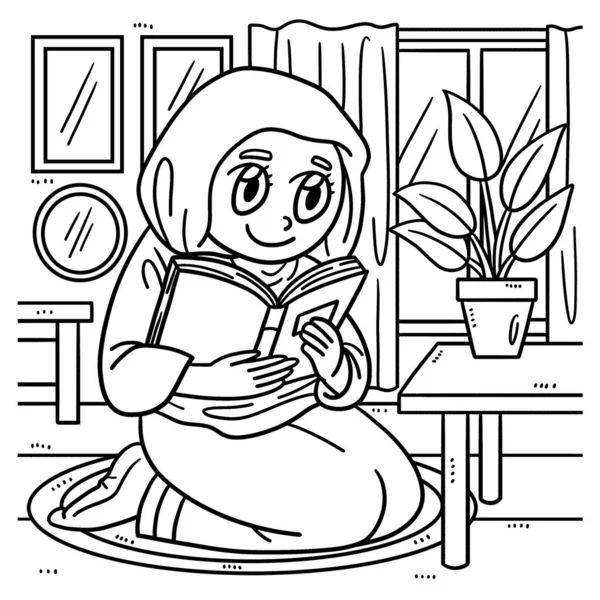 stock vector A cute and funny coloring page of a Ramadan Muslim Woman Reading the Quran. Provides hours of coloring fun for children. Color, this page is very easy. Suitable for little kids and toddlers.