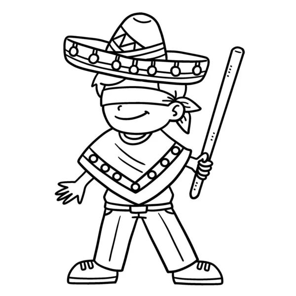 Uma Página Colorir Bonito Engraçado Cinco Mayo Blindfold Mexican Boy — Vetor de Stock