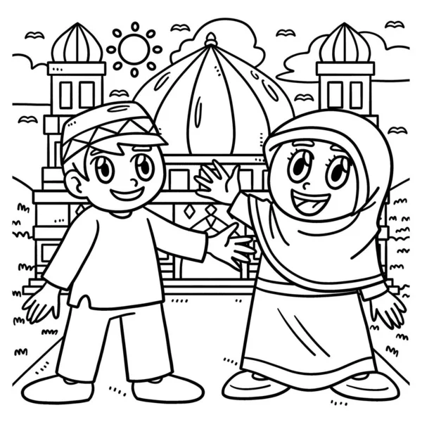 Cute Funny Coloring Page Ramadan Happy Muslim Kids Provides Hours — Stock Vector