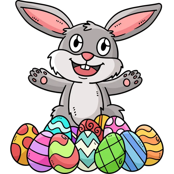 这个卡通片里有一只兔子带着复活节彩蛋的插图 — 图库矢量图片