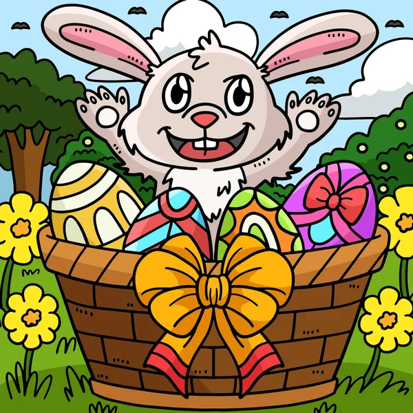 这幅漫画在篮子里展示了一只兔子复活节彩蛋 — 图库矢量图片