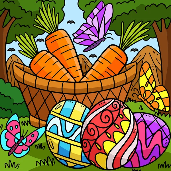 Este Clipart Dibujos Animados Muestra Una Ilustración Huevos Zanahorias Pascua — Vector de stock
