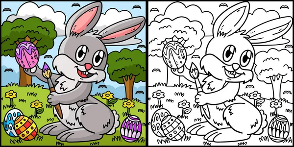 Coloring Page Shows Bunny Painting Easter Egg One Side Illustration — Stock Vector