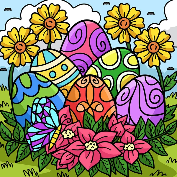 この漫画のクリップは花のイラストとイースターエッグを示しています — ストックベクタ