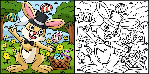 Kolorowanka Pokazuje Bunny Żonglerki Pisanki Jedna Strona Tej Ilustracji Jest — Wektor stockowy