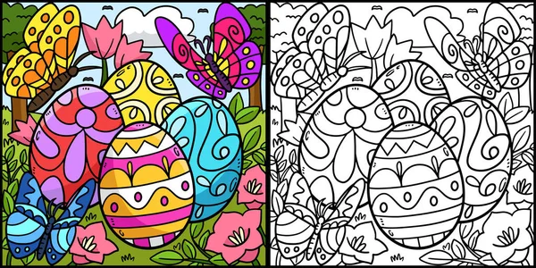 stock vector This coloring page shows a Butterflies Hovering Over Easter Eggs. One side of this illustration is colored and serves as an inspiration for children.