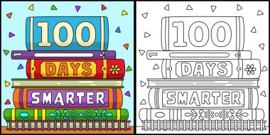 Bu boyama sayfası, okul zekasının 100. gününü gösteriyor. Bu illüstrasyonun bir tarafı renkli ve çocuklar için bir ilham kaynağı..