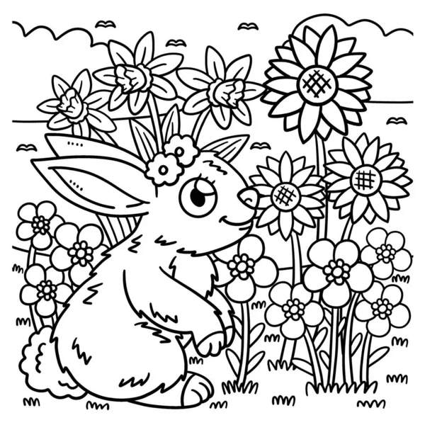 Симпатичная Смешная Страница Раскраски Кролика Цветов Обеспечивает Детям Часы Раскрашивания — стоковый вектор