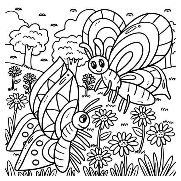 Милая Забавная Страница Раскраски Бабочек Парящих Над Цветами Обеспечивает Детям — стоковый вектор