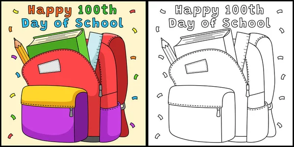 Kolorowanka Pokazuje 100 Dzień Torby Szkolnej Jedna Strona Tej Ilustracji — Wektor stockowy